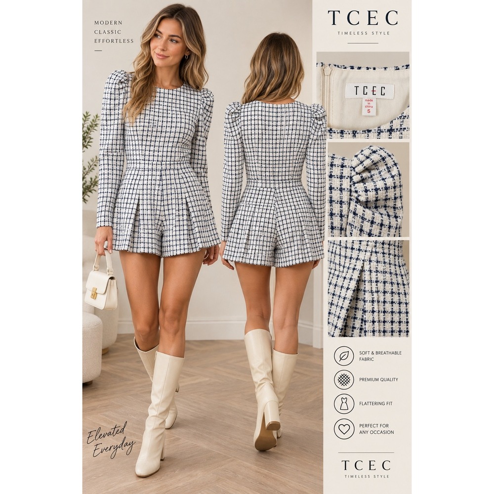 TCEC Navy White Plaid Puff Sleeve Pleated Romper CP9539 Small